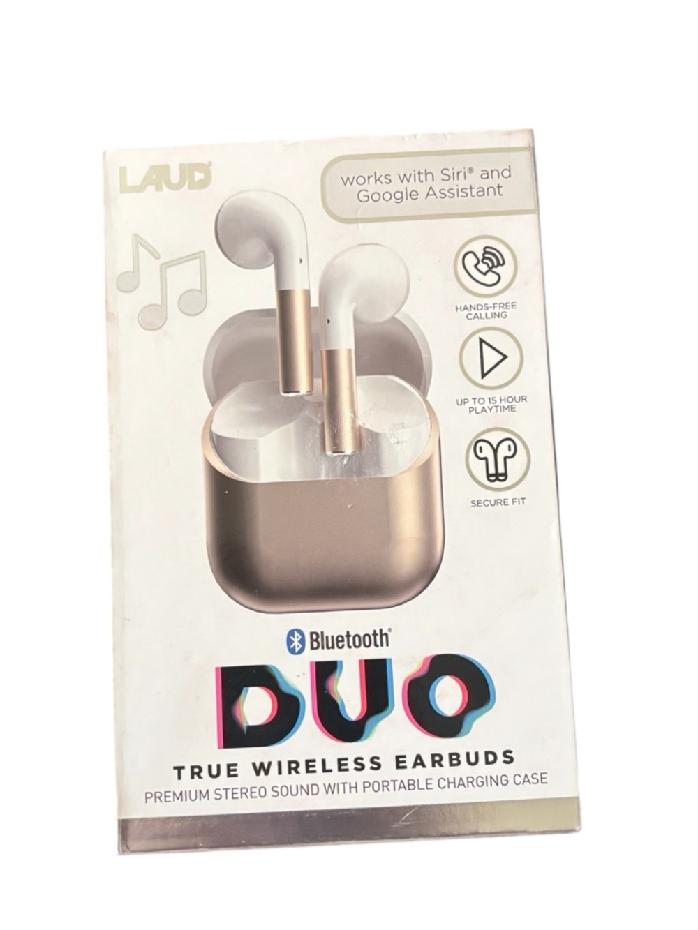 New LAUD Duo True Wireless Earbuds - White and Rose Gold
